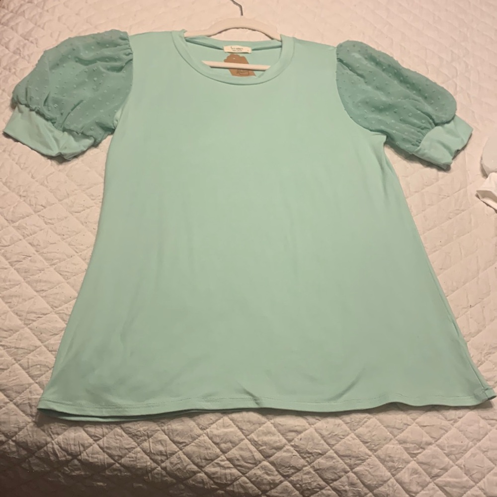 NWT les amis mint green, puff sleeve sheer with polka dots